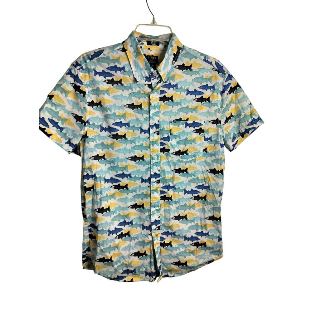 M1191) J Crew Men Slim Flax Washed Button Down Collar Fish Print Short Sleeve M - Picture 2 of 8